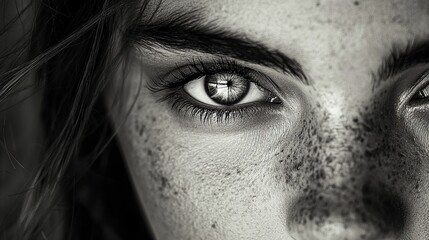 Obraz premium Close-up of a woman with striking blue eyes and natural freckles in soft light
