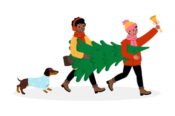 Friends carry a Christmas tree while walking with a dog in winter attire