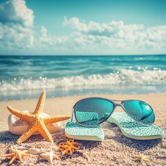 Tranquil seaside stilllife featuring a close up of flip flops a starfish and reflective sunglasses with the shimmering turquoise ocean in the distance
