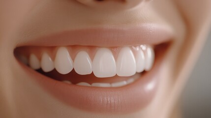 Closeup shot of a radiant smile with pearly white teeth, framed by a blurred backdrop for an appealing focus.