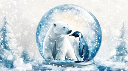 Polar Bear and Penguin Inside a Winter Snow Globe