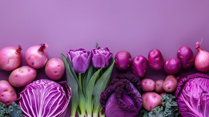Vibrant arrangement of purple vegetables and tulips on pastel background, showcasing beauty of nature and healthy food concepts for culinary use.