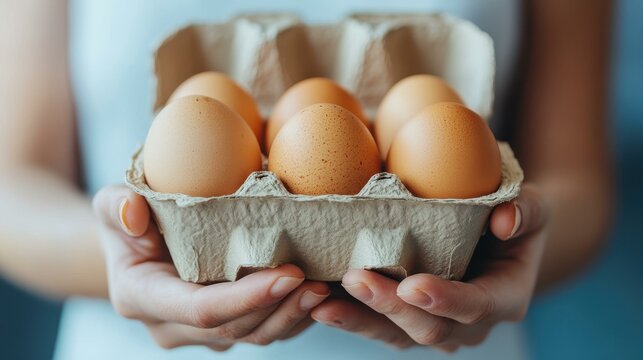 A closeup view of hands gripping a carton filled with fresh eggs, highlighting their natural texture and appeal.