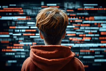 Concept of fraud warning. A person in a hoodie faces a digital screen filled with colorful code, suggesting themes of technology and programming.