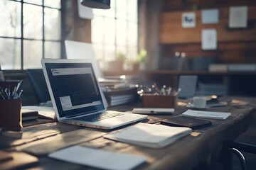 Naklejka premium Modern Workspace with Laptop and Documents. Concept of Productivity, Business, and Work.