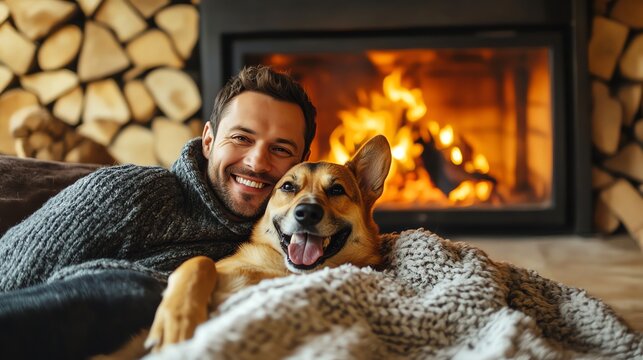 A man and his dog cuddle up in front of a cozy fireplace.