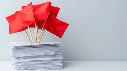 Concept of fraud warning. Red flags arranged on top of a stack of documents, symbolizing caution, alertness, or issues needing attention in a professional context.