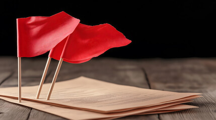 Concept of fraud warning. Three red flags are displayed on a wooden table, attached to a sheet of paper, suggesting warning or alert themes.