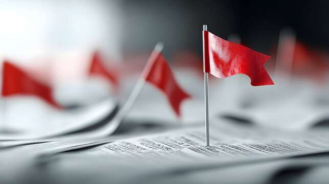 Concept of fraud warning. Small red flags are placed on a textured surface, creating a striking visual with a sense of alertness and concern.