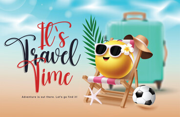 Fototapeta premium Travel time emoji clipart design. Travel time text with cute emoji character sitting on beach chair in tropical blurred luggage background. Vector illustration vacation tour emoticon clip art. 