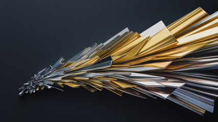 An abstract composition of metallic shards in gold and silver, dynamically flowing against a dark background, creating a sense of motion and energy.