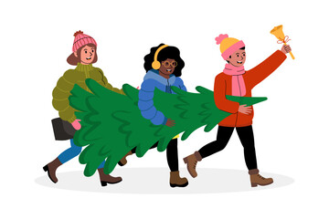 Friends joyfully carry a Christmas tree while celebrating the holiday season outdoors