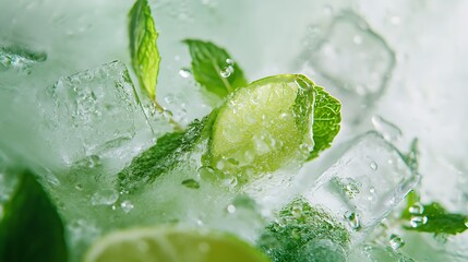 Close-up of lime wedges and mint leaves nestled in melting ice cubes.