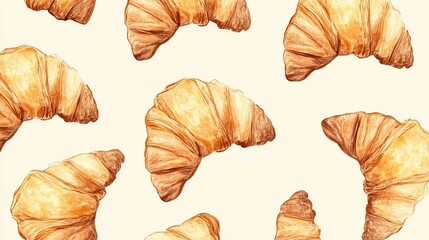 A Watercolor Pattern of Golden Brown Croissants on a Cream Background