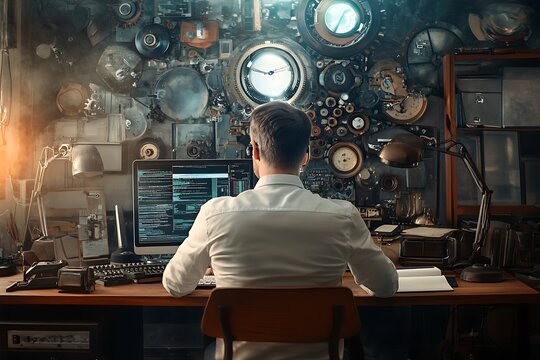 Focused programmer in a steampunk inspired workspace. Concept of innovation, technology, and creativity.