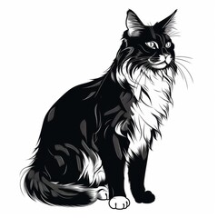 Stylized black and white illustration of a fluffy maine coon cat sitting in profile, featuring intricate fur patterns and a clean white background.