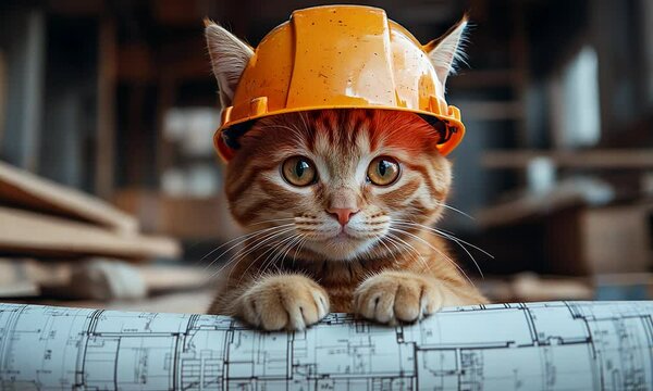 Cute ginger cat wearing a construction helmet looking at the camera while holding a blueprint.