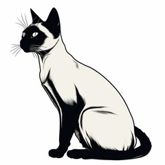 Black and white illustration of a sitting Siamese cat with pointed ears and elegant fur pattern, ideal for educational prints, pet artwork, or breed-specific designs.