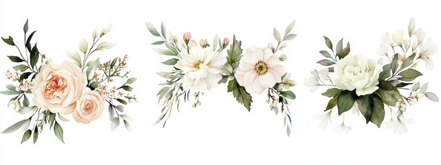 Watercolor Floral Wreaths Set Soft Pastel Colors Flower and Foliage Collection for Wedding Stationery and Decor