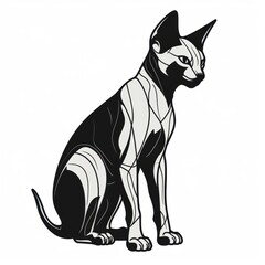Fototapeta premium Black and white line art of a graceful Sphynx cat with intricate patterns and detailed posture, perfect for tattoo designs, coloring pages, or artistic illustrations.
