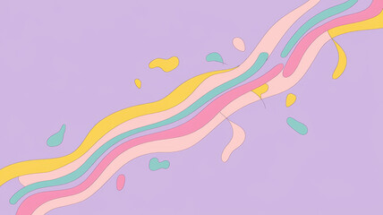 Fototapeta premium Colorful abstract waves in pastel hues of pink, yellow, and blue flowing across a soft lavender background, creating a playful and cheerful atmosphere.