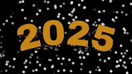 3d rendering of golden 3d letters saying "2025" on black background with white lights, new year 2025.