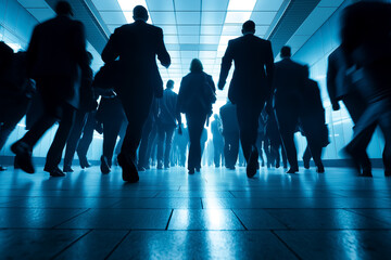 Obraz premium Silhouetted Corporate Professionals Moving Through Office Hallway