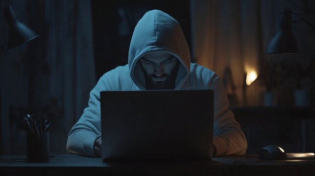 A man wearing a hoodie works on a laptop in a dimly lit room.