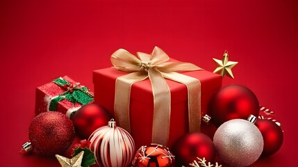 Centerpiece red gift box with a golden bow, surrounded by Christmas baubles and ornaments against a vibrant red background