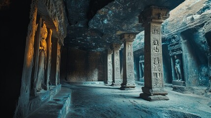 Dark, ancient cave temple with carved pillars and statues.