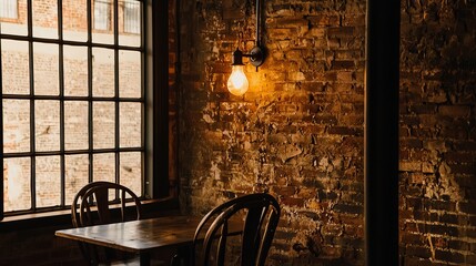 A cozy industrial corner with warm lighting and rustic wooden furniture in a brick-walled setting.