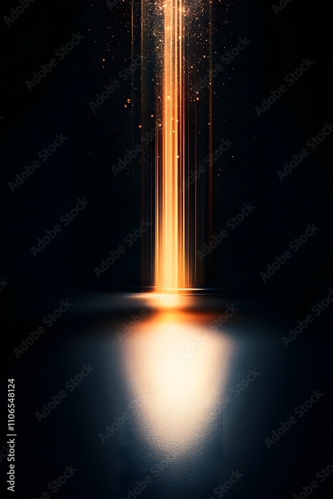 Wall mural vertical light streak with sparkling particles radiating against a dark minimalist background
