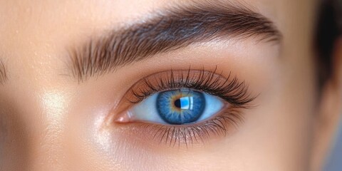 Obraz premium Close-up Photograph of a Woman's Eye with Blue Iris and Thick Eyebrows