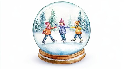Children Ice Skating Inside A Winter Snow Globe