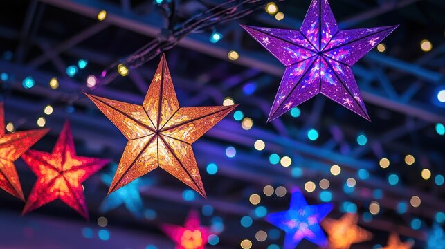 Star-shaped paper lanterns glowing with LED lights suspended across the event space. - Powered by Adobe