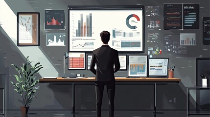 Businessman Reviews Data Charts And Graphs On Multiple Screens