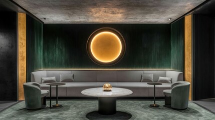 Luxurious lounge with circular light fixture, green walls, and comfortable seating.