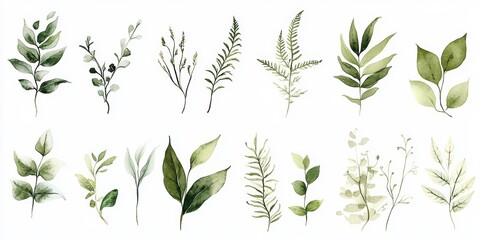 Watercolor Leaves and Ferns Arrangement Green Botanical Illustration for Wedding Stationery and Decor