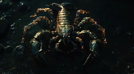 A detailed close-up of a metallic-looking crab on a dark surface.