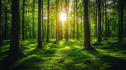 Obraz premium Peaceful forest landscape with sunlight streaming through the trees creating a lush serene atmosphere with a calming natural ambiance