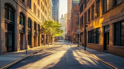 Fototapeta premium Empty city street at sunrise, sunlight illuminating buildings and road.
