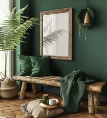 Cozy Modern Living Room Interior with Rustic Bench and Decorative Objects