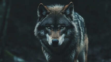 Fototapeta premium A wolf stares directly at the camera with a dark forest background.
