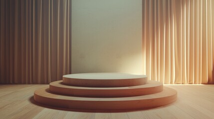 Obraz premium Wooden Platform with Curved Edges and Natural Light in a Room with Curtains