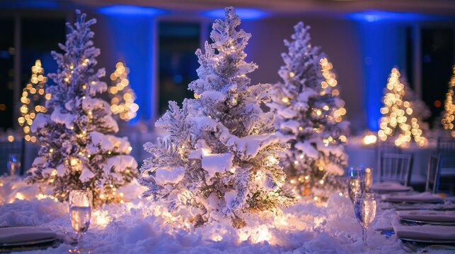 Snow-covered pine trees as centerpieces with soft white lights twinkling through the branches. - Powered by Adobe