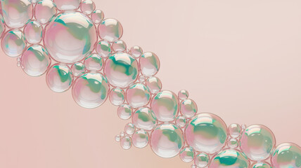 A vibrant arrangement of colorful soap bubbles against a soft pink background, creating a playful and dreamy atmosphere.