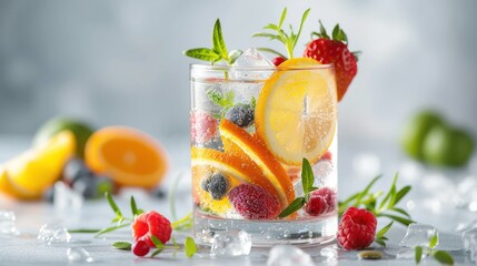 A refreshing beverage with fruits and herbs, perfect for hydration and enjoyment.