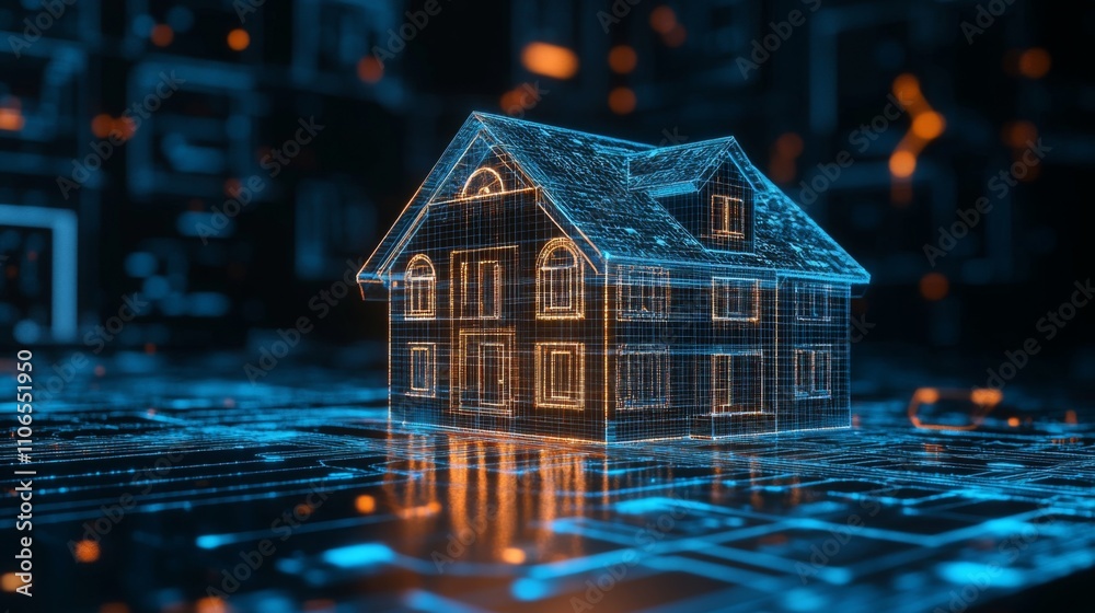 Poster A three-dimensional digital model of a house is displayed against a dark background filled with glowing circuit patterns.