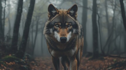 A lone wolf looks directly at the camera, its eyes gleaming in a misty forest.