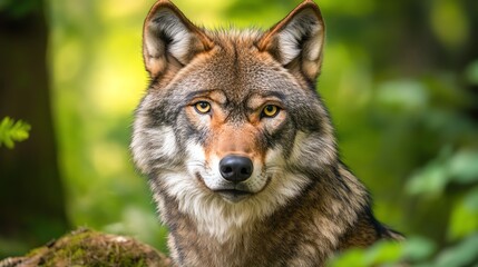 Fototapeta premium A wolf stares intently at the camera from behind a screen of green leaves.